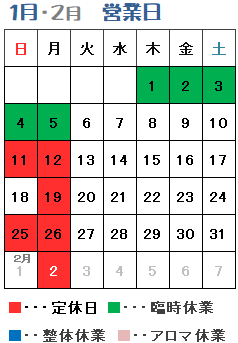 掛川 整体 アリイズミ　1月営業日